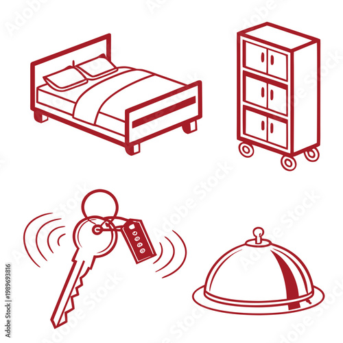 A set of red line art icons representing hotel services and amenities