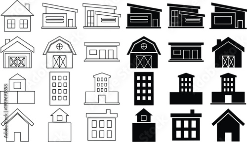 A collection of various house and building icons in black and white line art