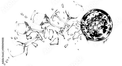 Water splash with dynamic movement and circular wave featuring fluid, motion, abstract with graphic and illustration elements for black and white,