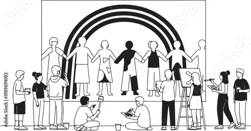 Diverse Group of People Collaborating on a Large Rainbow Mural Vector Illustration