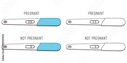 Hand-drawn cartoon and doodle set of pregnancy tests with positive and negative results on a white background.