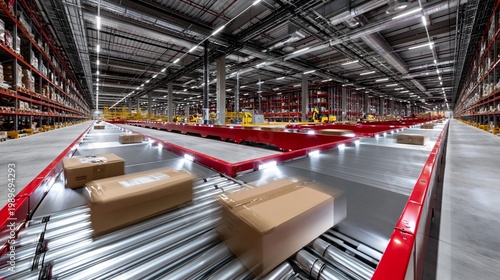Kartonpaket auf Förderband in automatisiertem Logistik-Lager