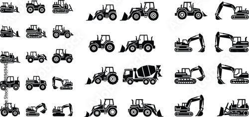 Collection of construction machinery silhouettes including excavators tractors bulldozers loaders and cement mixer isolated on white background for industrial equipment design and engineering concepts