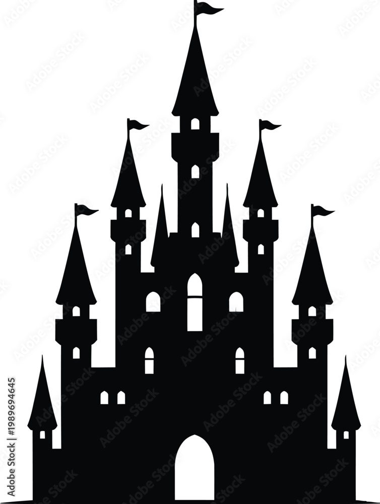 Obraz premium Fantasy Castle Silhouette Icon Fairytale Palace Medieval Kingdom Vector Illustration