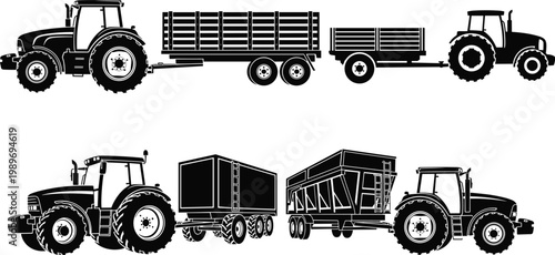 Tractor with trailers silhouette collection including agricultural transport vehicles and farm machinery isolated on white background for farming logistics and rural industry design