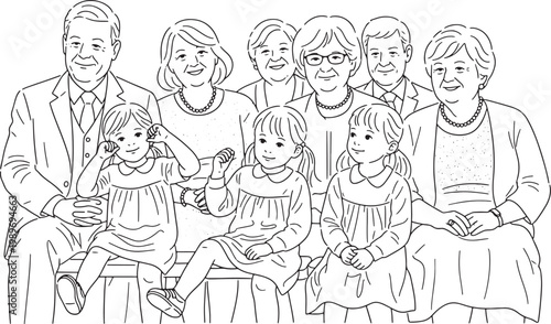 Multigenerational Family Portrait Line Art Illustration for Coloring Book Page