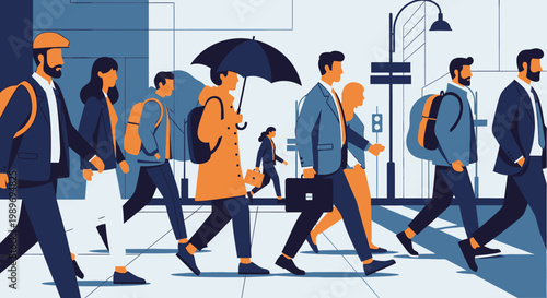Diverse Group of People Walking and Commuting Across a Crosswalk in a Busy Urban City Street