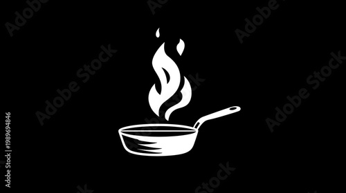 Sizzling frying pan icon with flames and steam, depicting hot cooking, culinary process, kitchen, and food preparation.