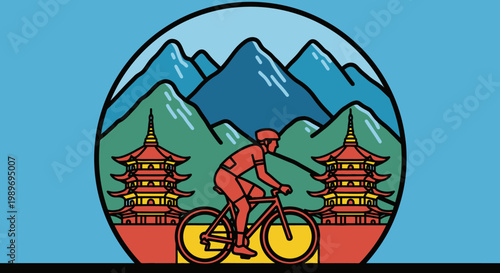 Person Cycling Through a Mountain Landscape with Traditional Pagodas and Blue Sky