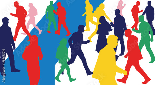 Dynamic Silhouettes of Diverse People Walking and Moving Forward on Abstract Colorful Background