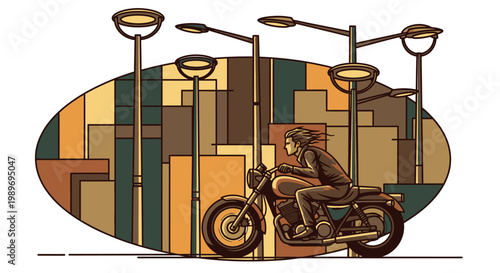 Man Riding Motorcycle on Urban City Street with Buildings and Streetlights
