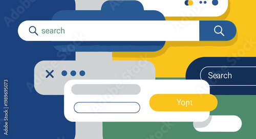 Web Browser Interface with Search Bar and Minimalist UI Elements on Abstract Blue and Yellow Background