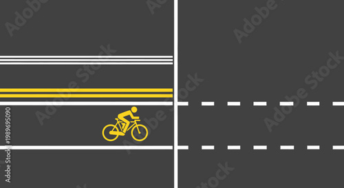 Bicycle Lane Icon on Dark Asphalt Road with Yellow and White Markings