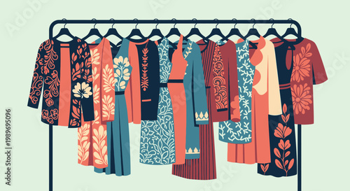 Clothing Rack with Colorful Patterned Dresses Hanging in a Fashion Boutique
