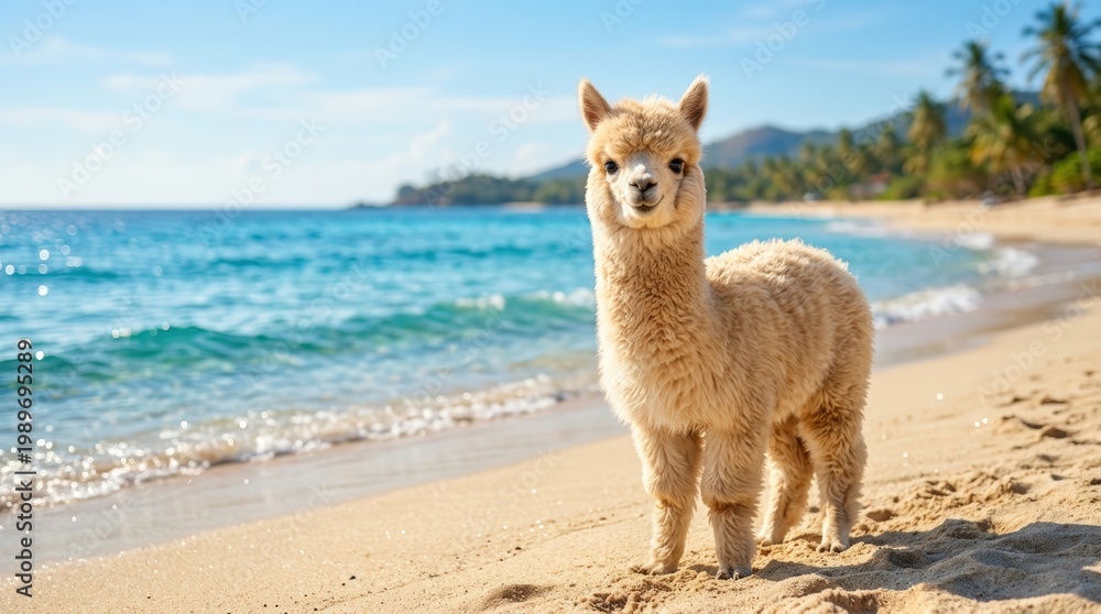 Obraz premium Cute alpaca standing on a tropical sandy beach near the blue ocean. Funny animal on exotic vacation concept. Surreal leisure lifestyle travel photography in summer sunny weather.