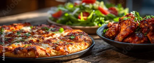 Panel kuchenny z motywem The delicious pizza accompanied by wings and fresh salad on a rustic table.