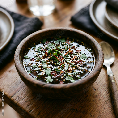 Fresh green beans in a rustic wooden bowl make a healthy vegetable meal or soup ingredient, featuring a closeup of raw herbal leaves on a brown table for a natural cooking concept