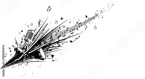 Microphone musical instrument with guitar, drum and music notes in dynamic motion, creating energetic vibe with black ink splashes
