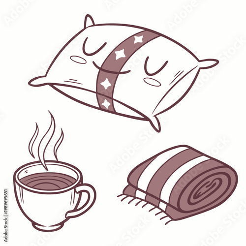 A vector graphic illustration of a smiling pillow, a cup of hot coffee, and a rolled blanket in a minimalist flat design style