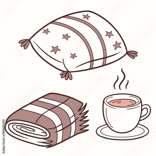 A vector graphic illustration of a cozy winter scene with a hat, blanket, and cup of hot chocolate