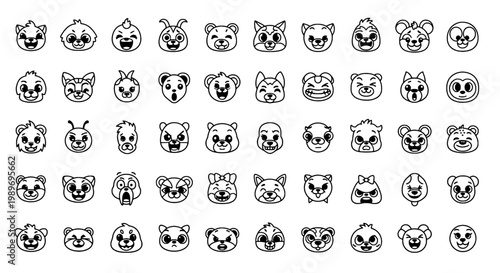 Emojis doodle drawn set with cute animal faces and cartoon expressions featuring emoticons, illustration, vector with collection and funny elements