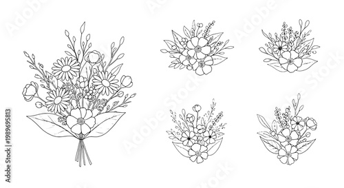 Flowers hand drawn set with black line art bouquets and floral arrangements featuring bouquet, arrangement, illustration with vector and graphic