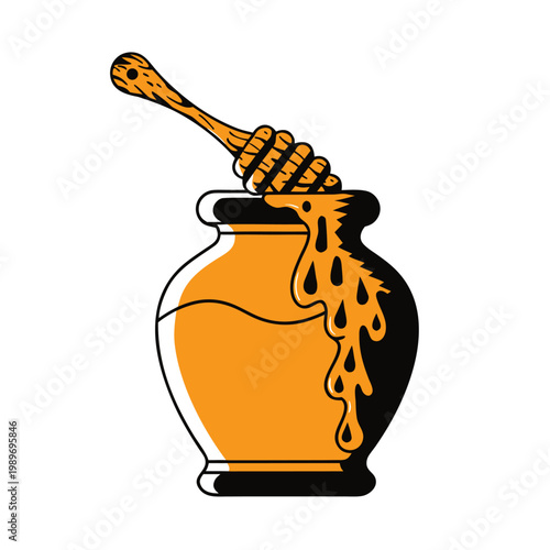 Flat vector illustration of a honey jar with a wooden dipper dripping sweet nectar, minimalist food icon.
