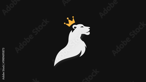 Elegant white lion or lioness head in profile wearing a golden crown, symbolizing majesty and royalty on a black background.