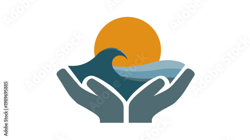 Vector icon of cupped hands holding ocean waves and sun, symbolizing nature conservation, environmental protection, and sustainability.