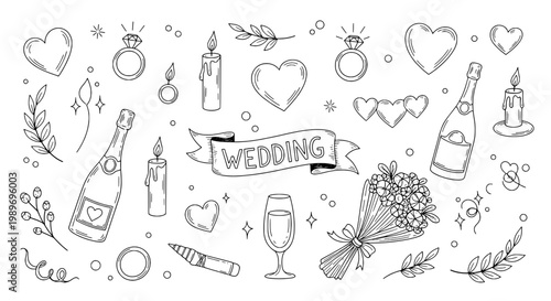 Wedding doodle illustration with hearts, candles, and champagne bottles featuring bottle, celebration, love with romance and marriage elements for