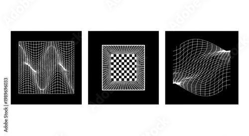 Waveforms grid with wireframe mesh, oscilloscope style curves and 3D perspective blocks for science and data visualization