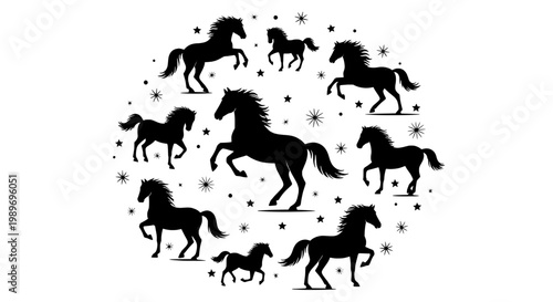 Horses black silhouette set with stars and celestial elements in circular formation featuring horse silhouettes, starry night, horse illustrations