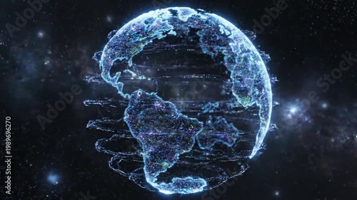 Abstract digital Earth globe rotating in dark space with glowing data connections for global network concept and futuristic technology visualization