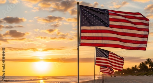 American flags waving at sunset a patriotic scene of freedom and national pride
