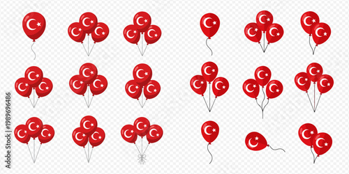 Collection of red balloons with Turkish flag crescent and star symbols, festive decorations for national holidays and celebrations.