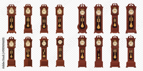 Collection of vintage grandfather clocks with pendulums, weights, and ornate wooden cases, showcasing various antique timepieces.