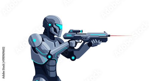 Futuristic robot soldier aiming laser rifle in white background