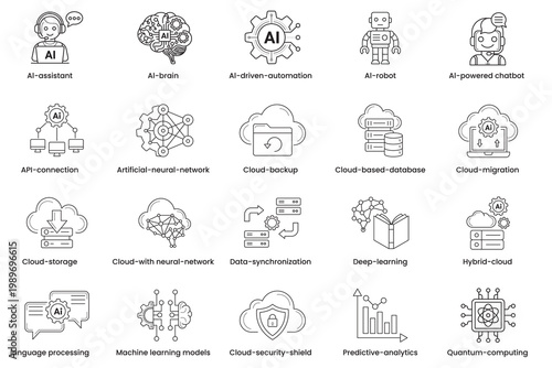 Artificial intelligence and cloud computing icons set including neural network, deep learning, quantum computing and data synchronization outline vector illustration