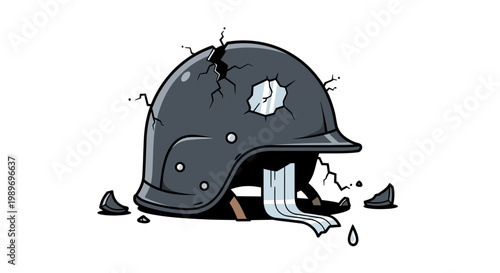 Cartoon illustration of a cracked helmet with bandages and tears