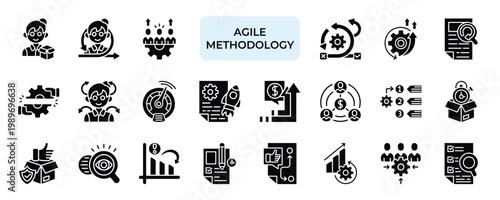 Agile Methodology Icon set Collection in Solid Glyph Style. scrum, kanban, development, product, backlog, process