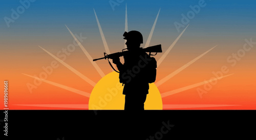 Silhouette of soldier with rifle against vibrant sunset background