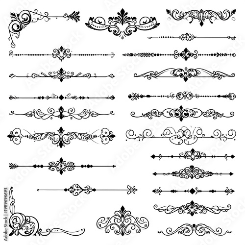 Assortment of black ornate line dividers and corner designs against a white background, useful for decorative elements