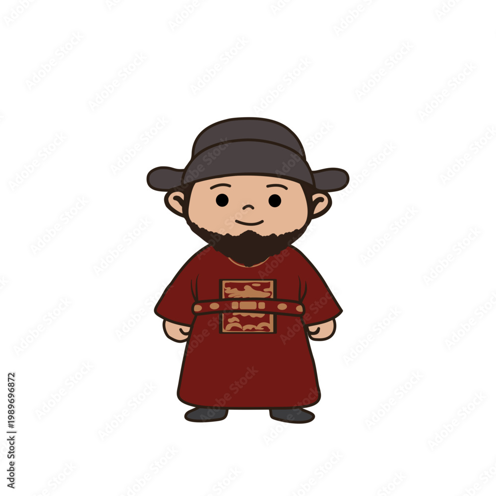 Obraz premium Cartoon illustration of a bearded man in traditional Korean attire, reflecting historical character art style
