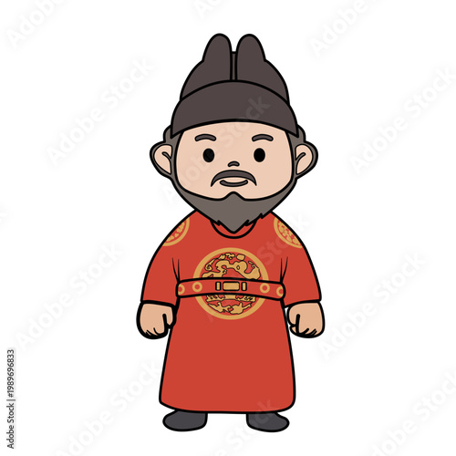 Ancient korean Emperor Illustration Wearing Traditional Red Robes and Hat