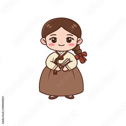 Cute Korean Girl in Traditional Hanbok Dress Holding a Fan
