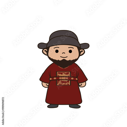 Cartoon illustration of a bearded man in traditional Korean attire, reflecting historical character art style
