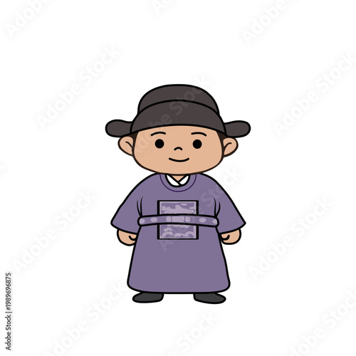 Charming Cartoon Child Wearing Traditional Korean Hanbok Outfit and Distinctive Hat