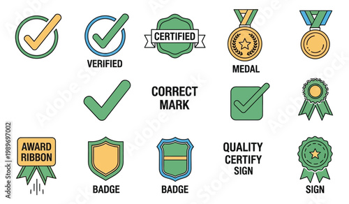 Collection of colorful verification badges and quality seals in a flat design style
