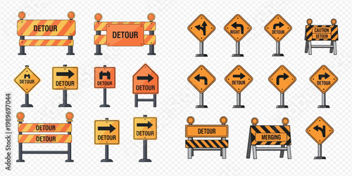 Set of various yellow detour road signs and construction barriers for traffic redirection.