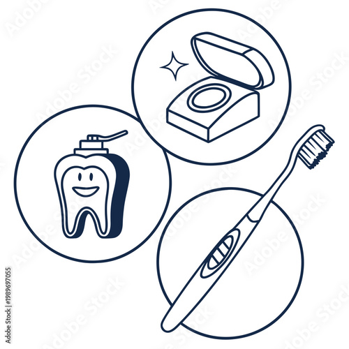 A minimalist vector graphic illustration of toothbrush, toothpaste, and soap for oral hygiene